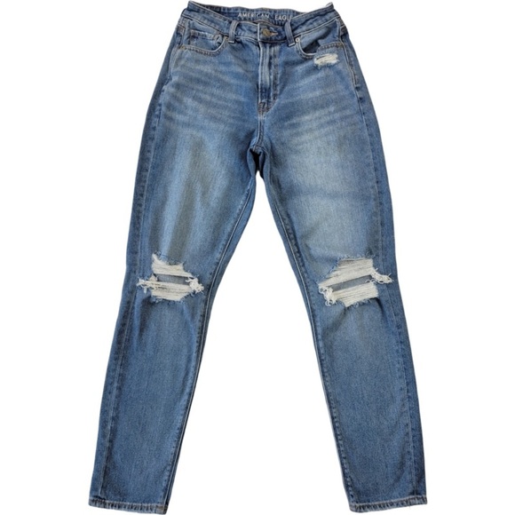 American Eagle Woman’s Blue Distressed mom jeans size 0 Regular - Picture 1 of 12